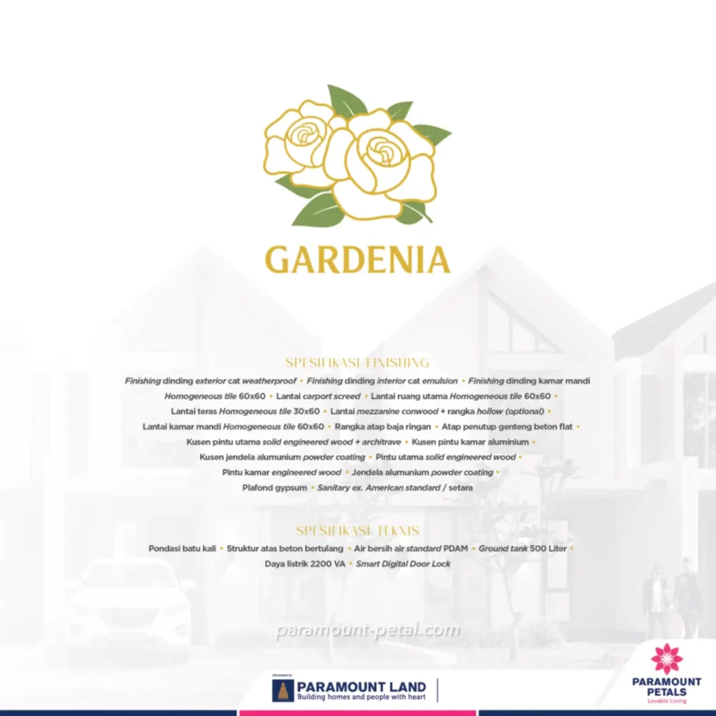 Spesifikasi Rumah Gardenia Paramount Petals